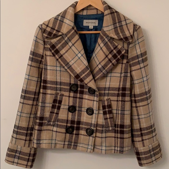 Merona Brown, Tan, Cream and Teal Cropped Pea Coat - Small - Picture 13 of 14